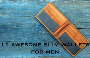 leather wallet on wooden background. Top view. With text reading 11 awesome slim wallets for men