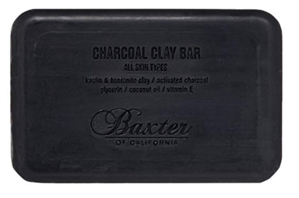 Baxter of California best charcoal bar soap for men front with logo and ingredients