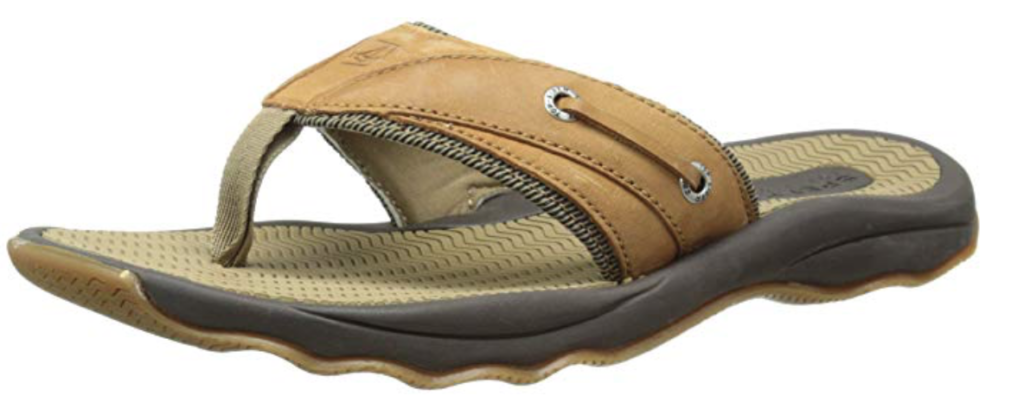 Sperry Top-Sider Outer Banks men's leather flip flop sandal. side view. Tan