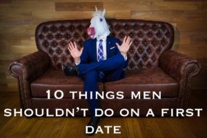 Man on couch holding up his hands in a stop gesture and text reading 10 things men shouldn't do on a first date