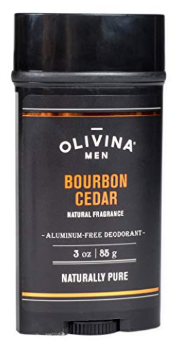 3 ounce stick of Olivina aluminum free deodorant for men. Bourbon cedar scent.