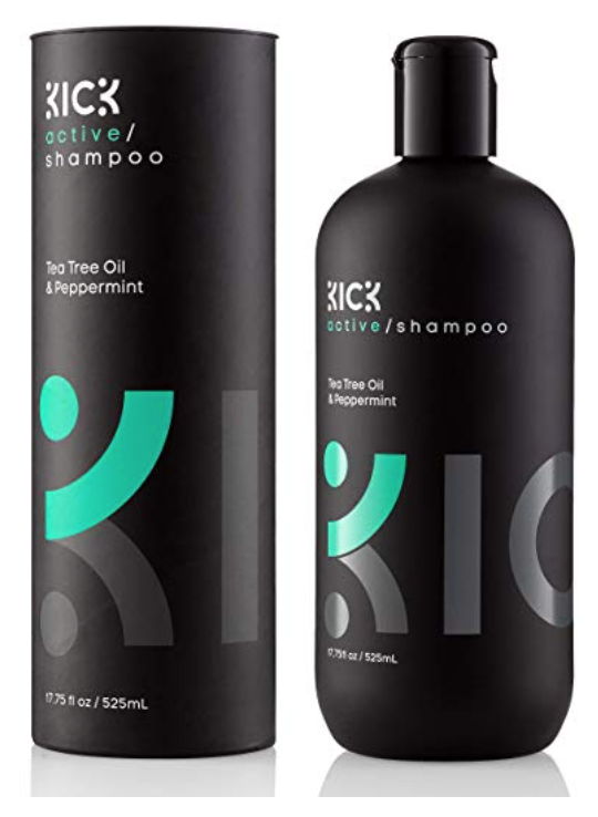 Bottle of Kick active best smelling shampoo for men