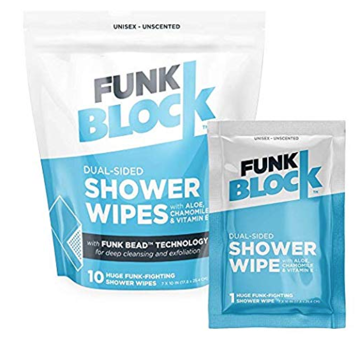 A bag of Funk Block shower wipes for men's sweaty balls and body