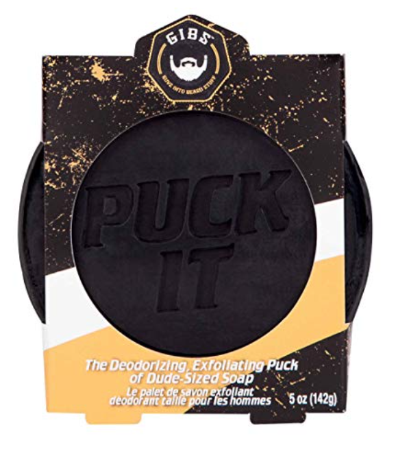 5 ounce bar of Gibs Puck It bar soap for mens balls inside the package