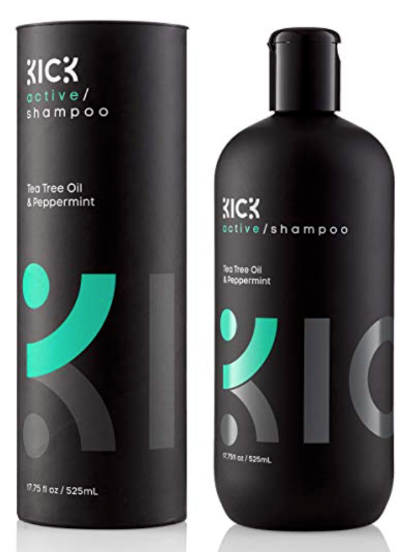 Bottle of KICK Active best shampoo for men with long hair