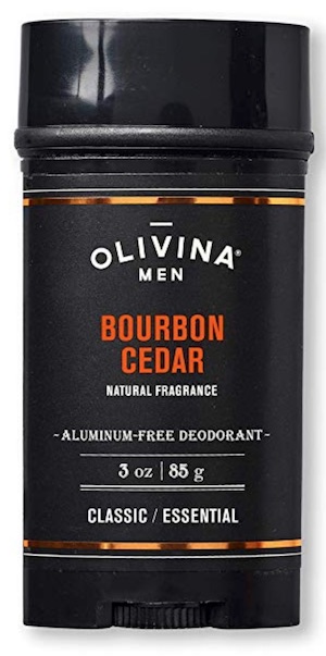 3 ounce stick of Olivina aluminum free deodorant for men. Bourbon cedar scent.