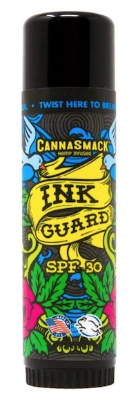 A stick of CannaSmack Ink Guard SPF sunscreen for tattoos