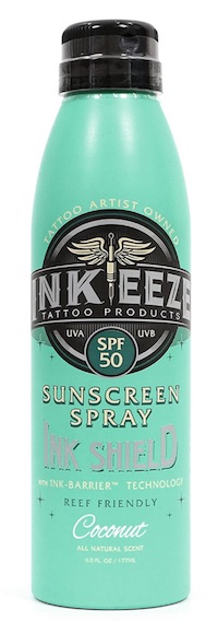 A bottle of Ink Eeze Ink Shield SPF sunscreen for tattoos