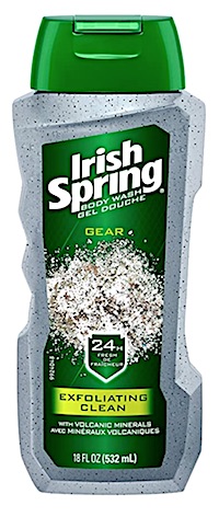 Bottle of Irish Spring Exfoliating Clean body wash for men.