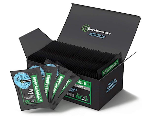 Box of individually wrapped Surviveware body wipes