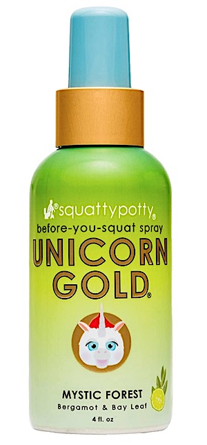 Spray bottle of Unicorn Gold toilet spray.