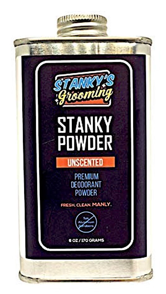 Tin bottle of Stanky's Grooming body powder for men