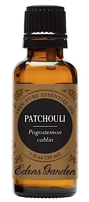 A bottle of patchouli essential oil for DIY beard oil.