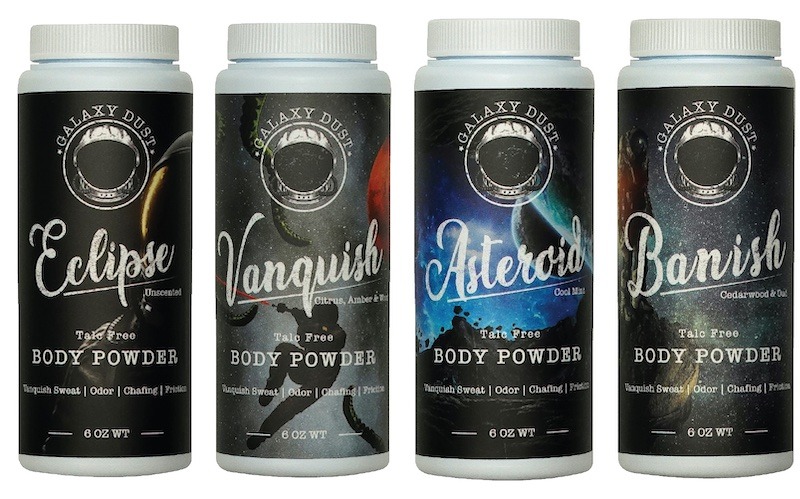 4 bottles of Galaxy Dust Body Powder for men.