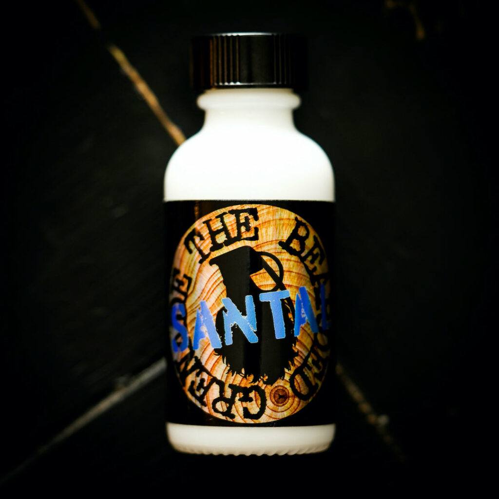 Bottle of Santal cologne scented beard oil from The Bearded Grenade