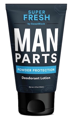 A bottle of Super Fresh Man Parts deodorant lotion