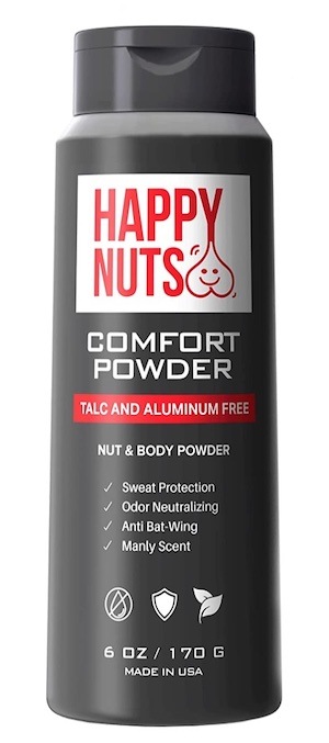 A bottle of Happy Nuts body powder