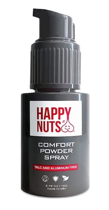 A bottle of Happy Nuts Comfort Powder Spray ball deodorant for men