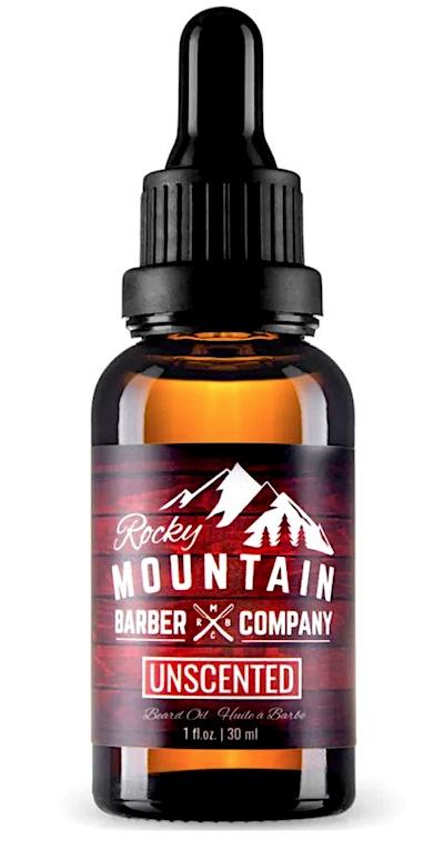 A bottle of Rocky Mountain Barber Company unscented beard oil for sensitive skin