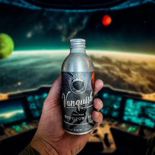 A bottle of Galaxy Dust powder onboard a spaceship